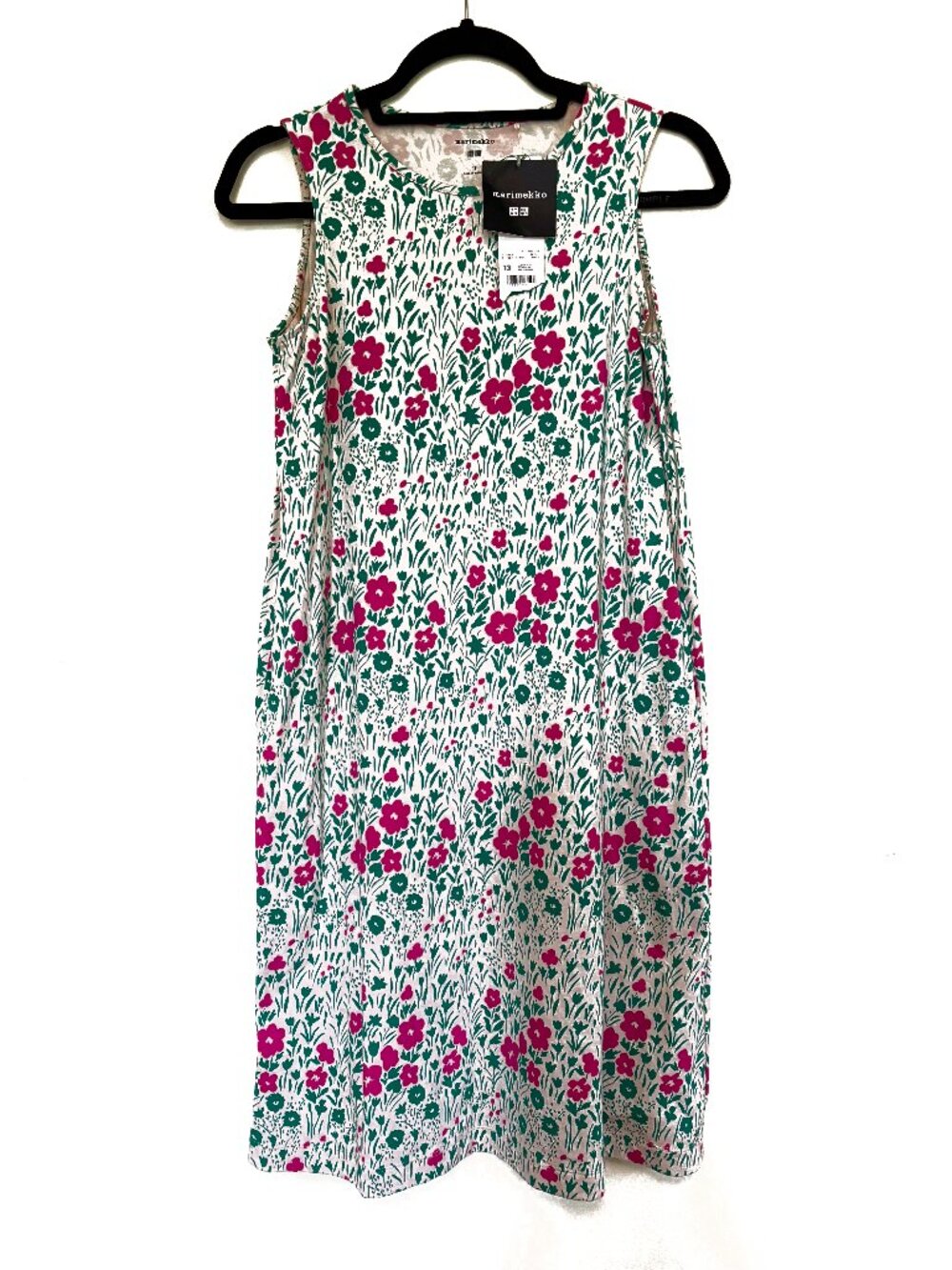Uniqlo + Marimekko Sun Dress Kids Sz 13 Green Pink Ditsy Floral Cotton Pockets